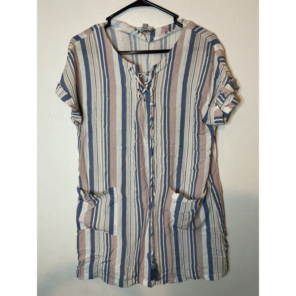 Blu Heaven Lace Up Striped Tunic Dress Small S Rayon Boho Coastal Pockets Blue